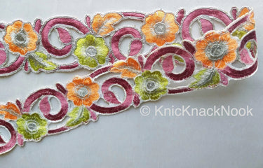 Orange, Purple, Green And Silver Floral Embroidery Trim